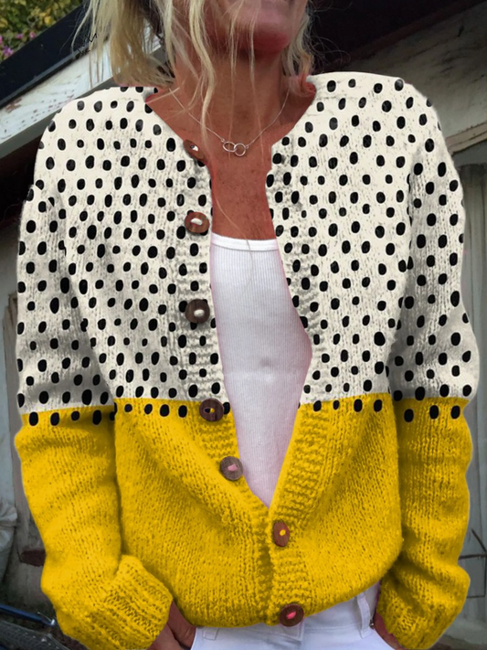 Cárdigan punto vintage mujer bicolor lunares mostaza