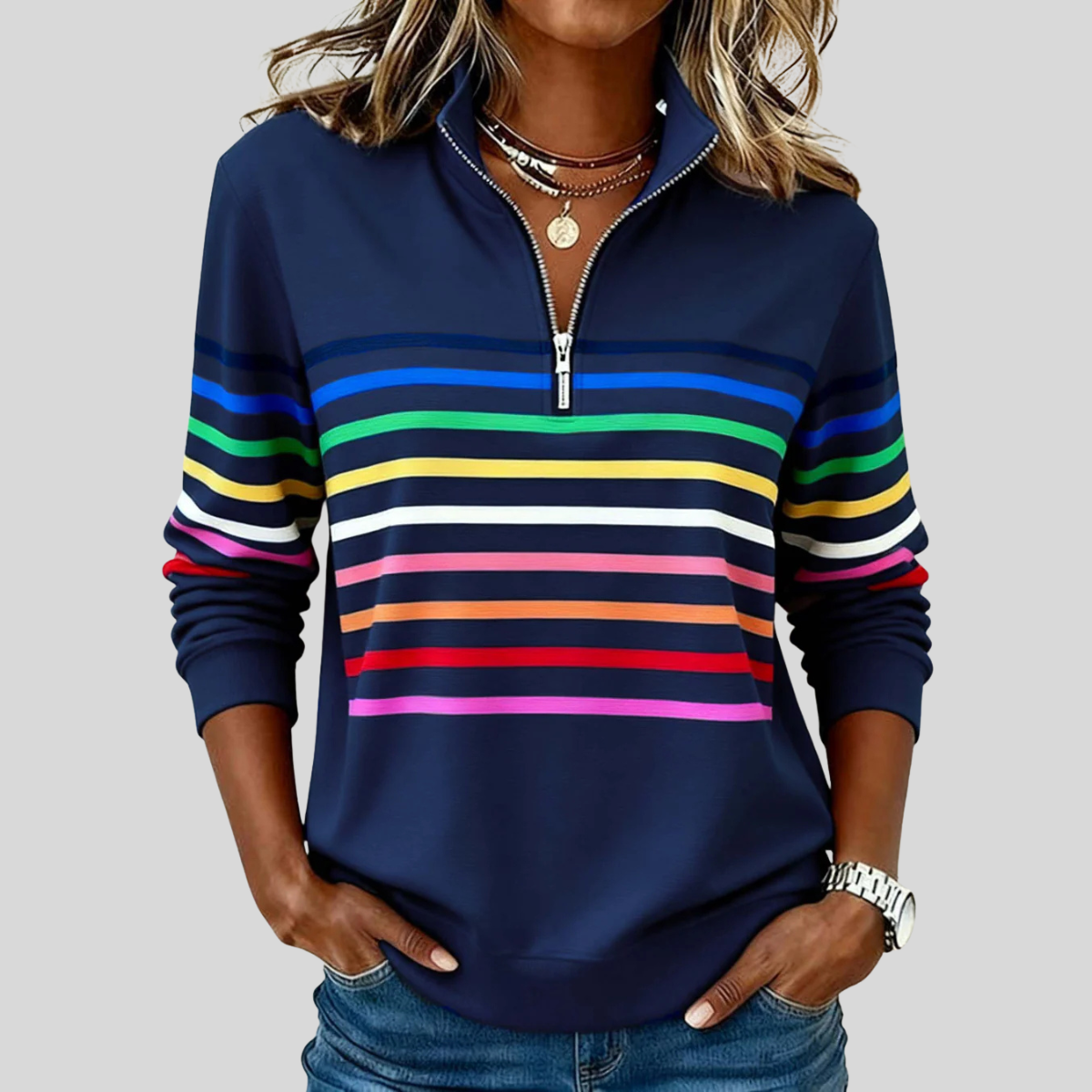 Sudadera de rayas mujer con media cremallera