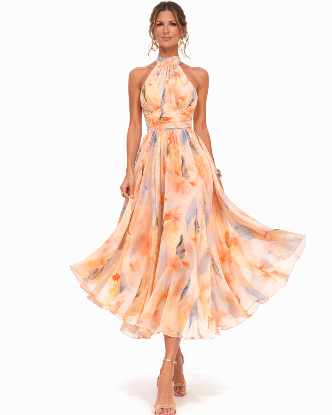 Aurora | Vestido de Cuello Halter y Patrón Acuarela
