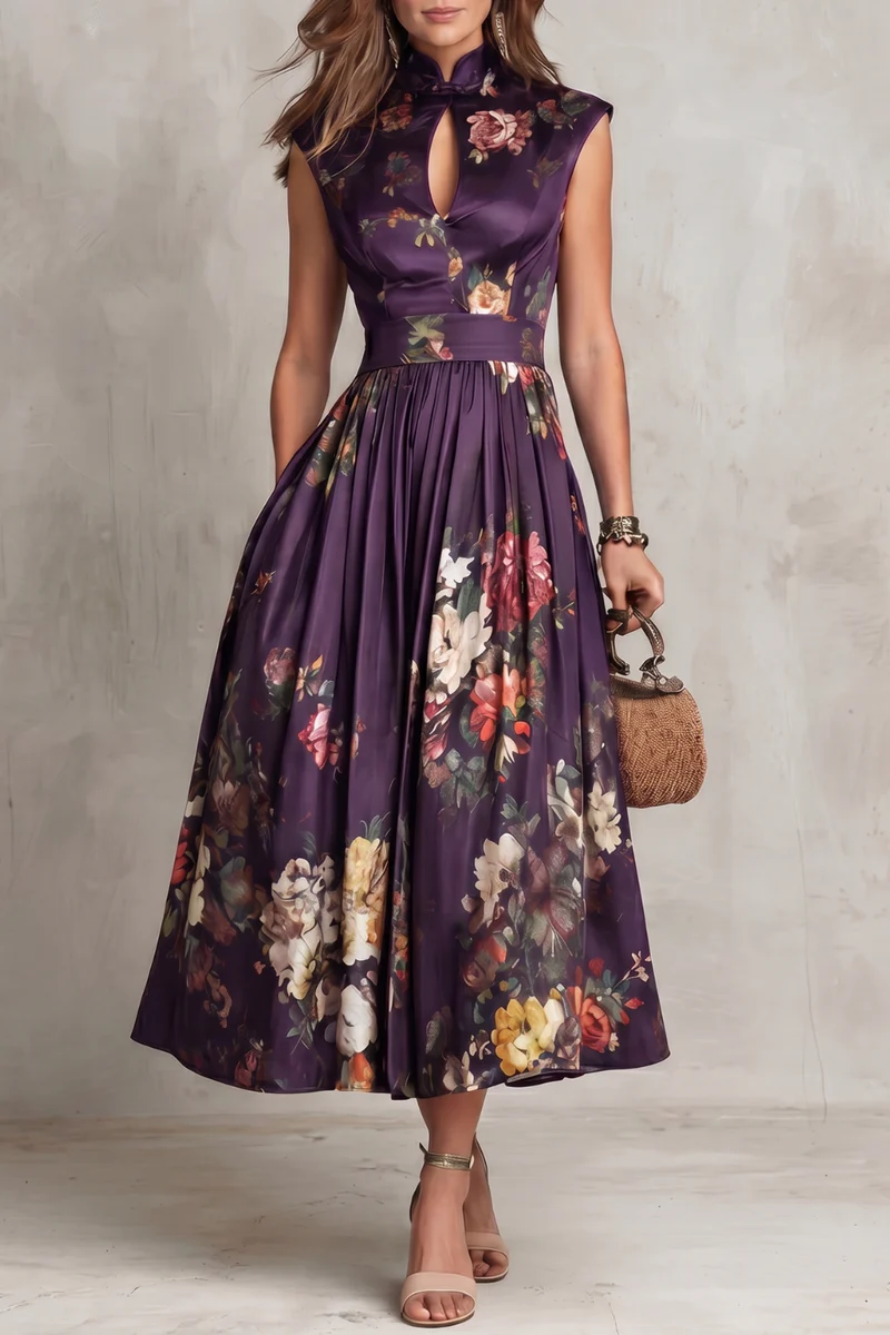 Vestido Midi de Satén Plisado Floral con Cuello con Abertura Negro