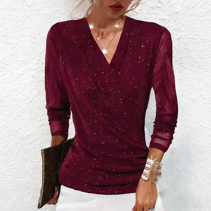 Top de fiesta mujer brillo escote drapeado manga larga