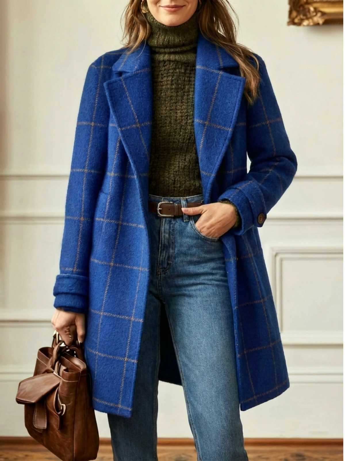 Abrigo cuadros clásico mujer cálido dos botones
