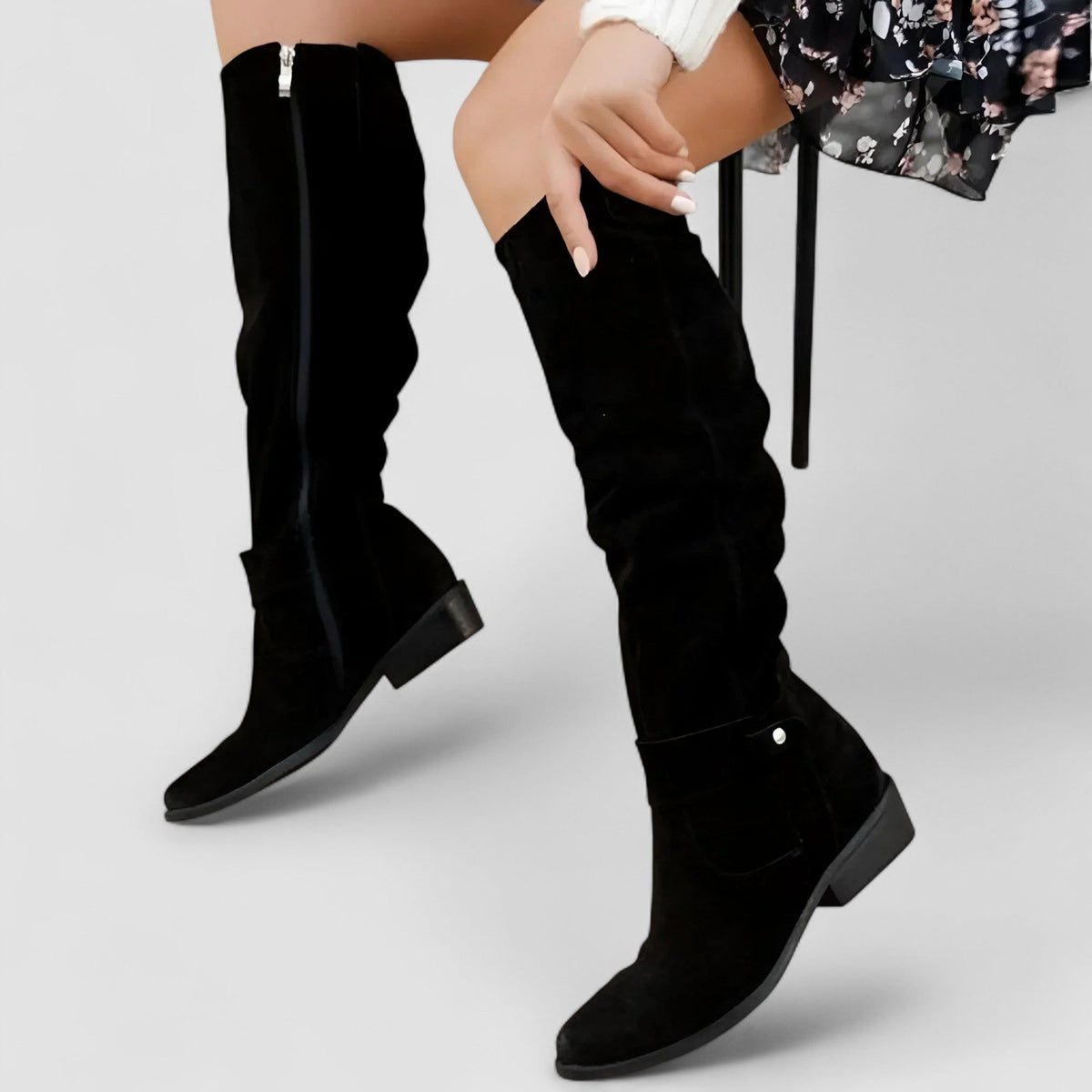 Botas altas mujer efecto ante con tacón bajo y cremallera