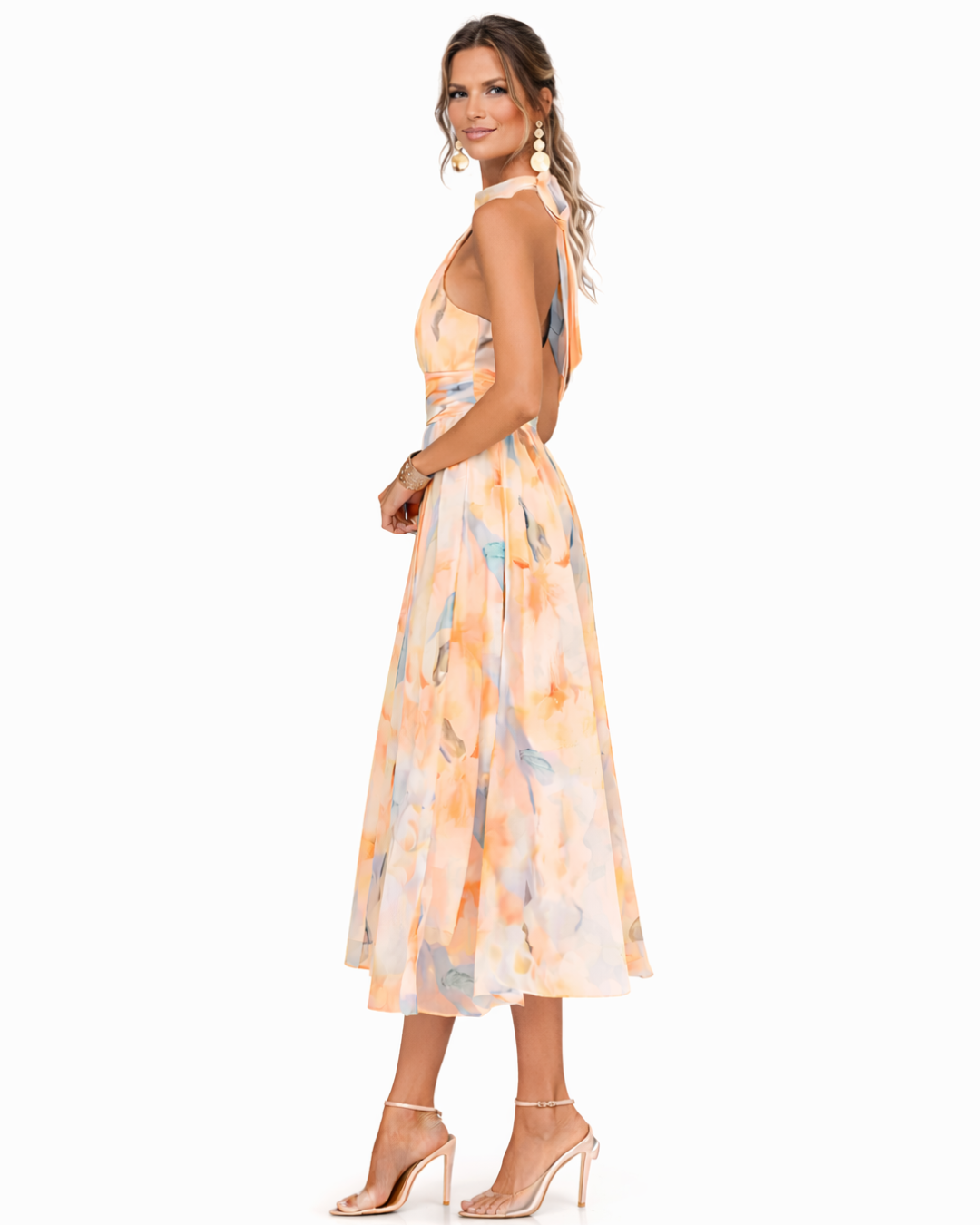 Aurora | Vestido de Cuello Halter y Patrón Acuarela