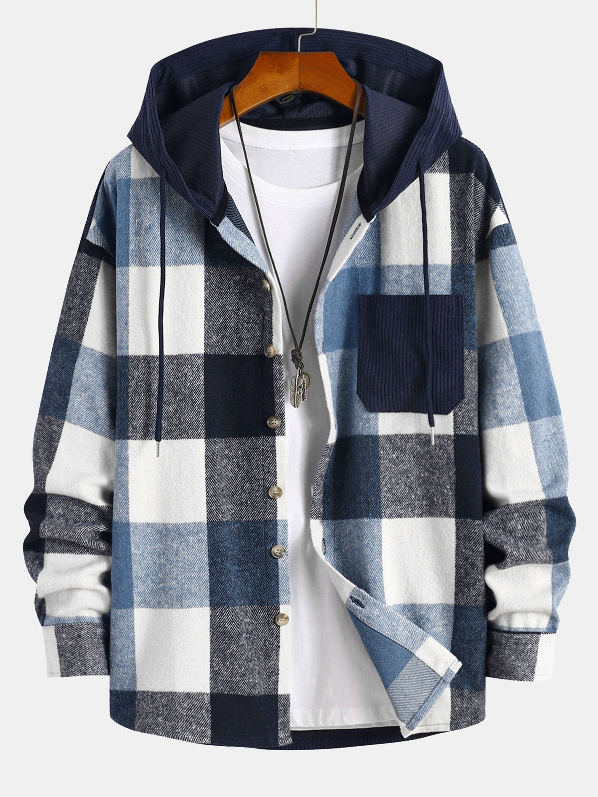 Camisa con Capucha de Ajuste Relajado de Franela a Cuadros y Parches de Pana