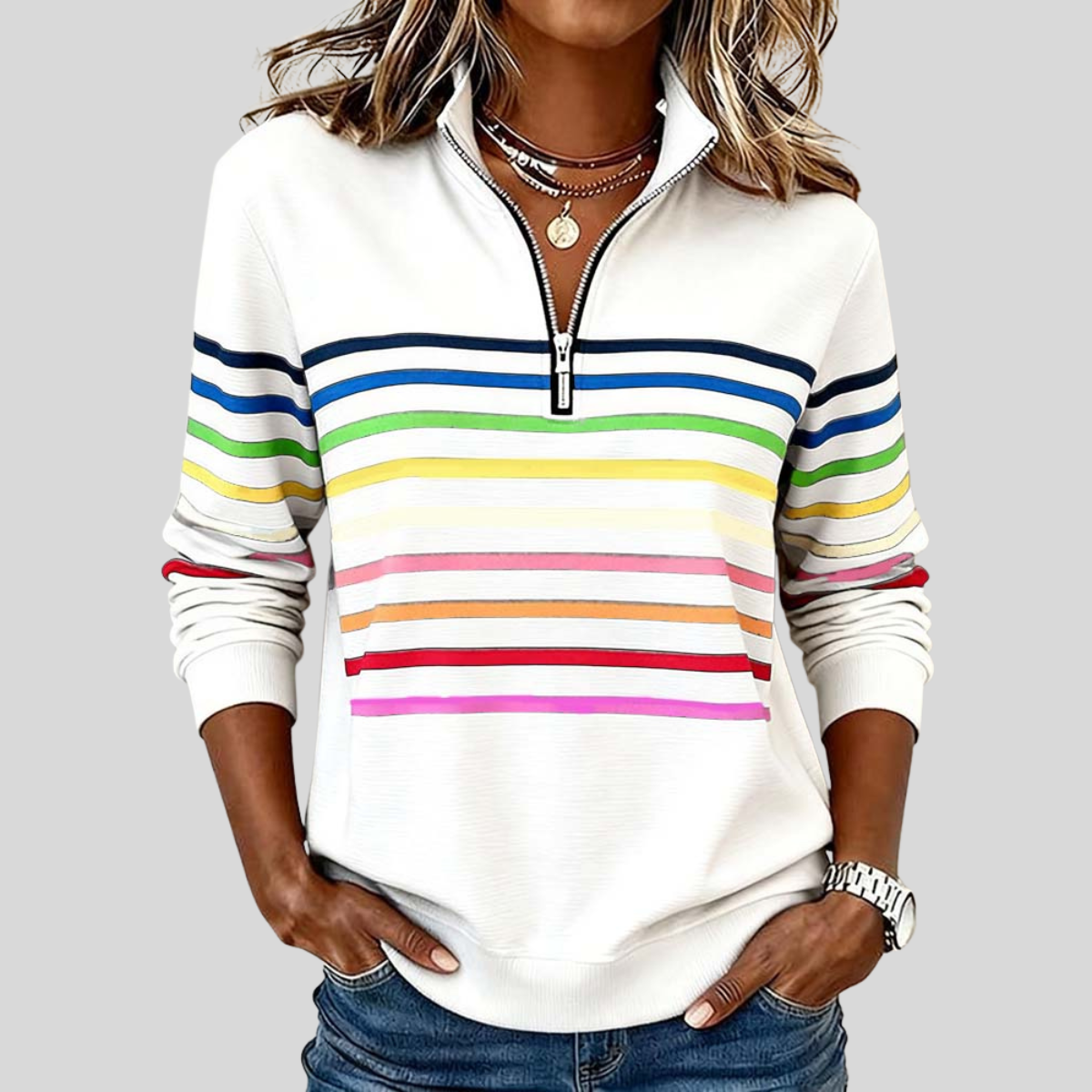 Sudadera de rayas mujer con media cremallera