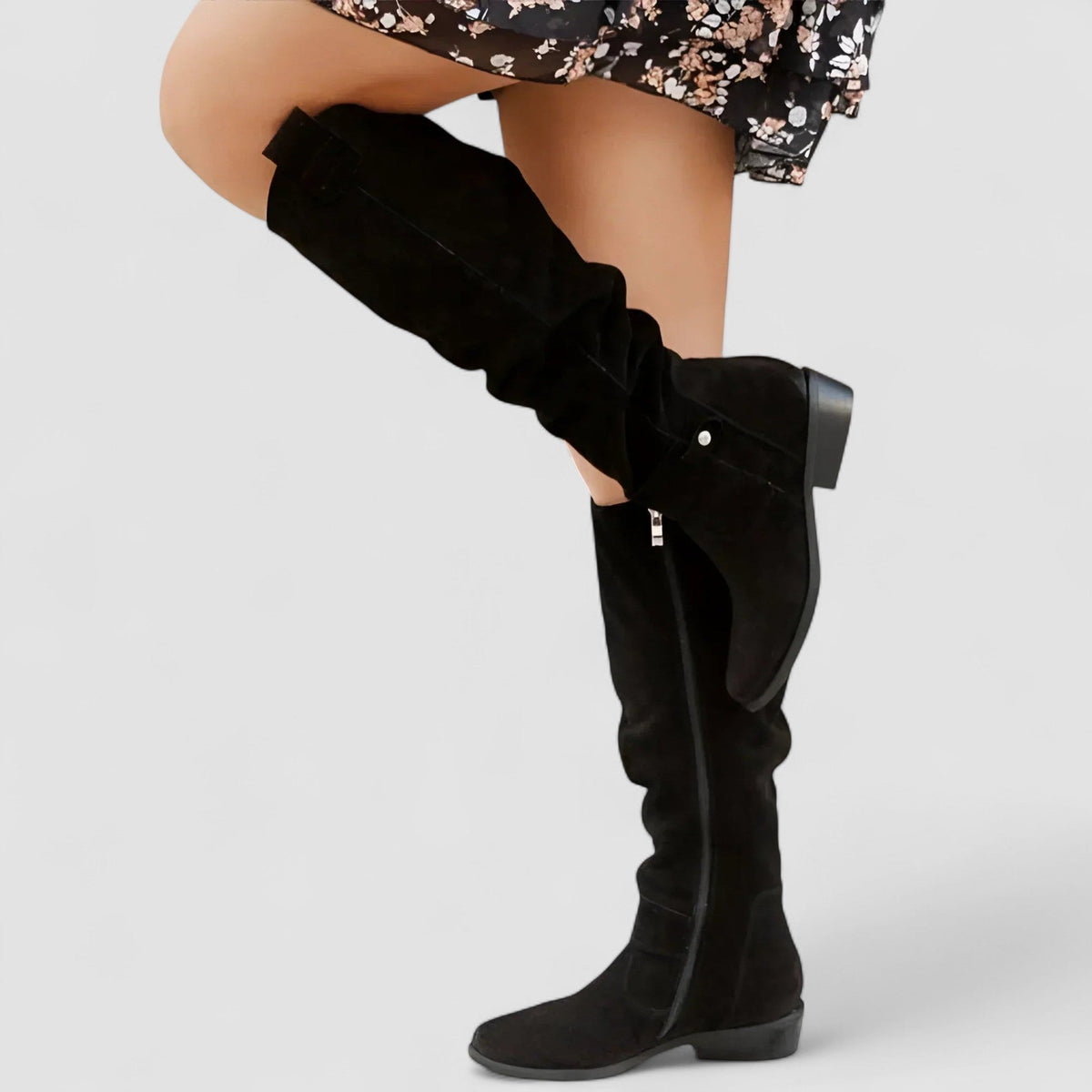 Botas altas mujer efecto ante con tacón bajo y cremallera