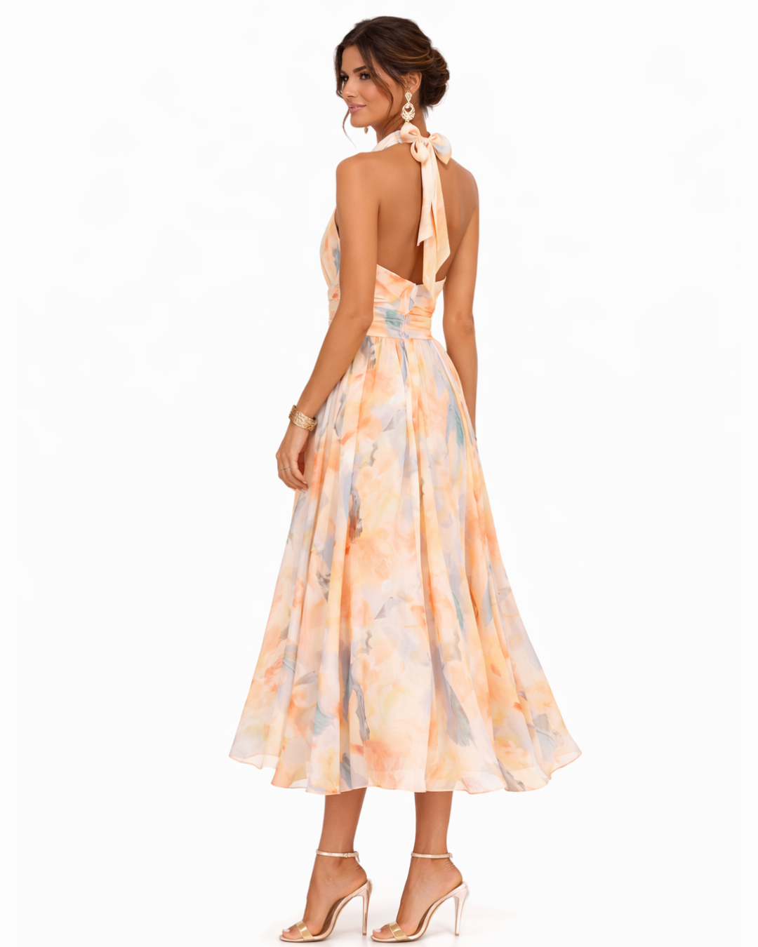 Aurora | Vestido de Cuello Halter y Patrón Acuarela