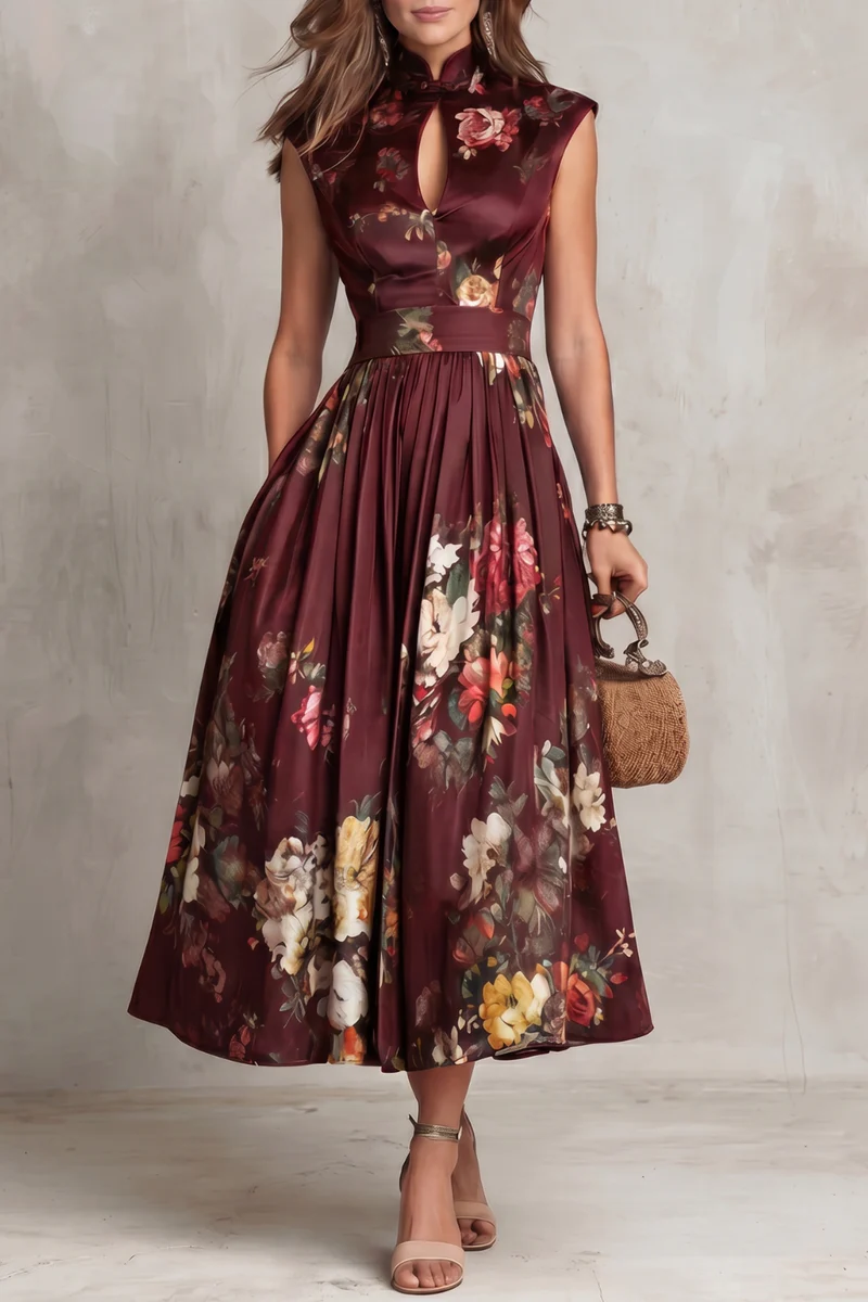 Vestido Midi de Satén Plisado Floral con Cuello con Abertura Negro