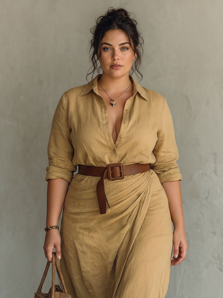 Vestido largo mujer cuello solapa manga larga cinturón
