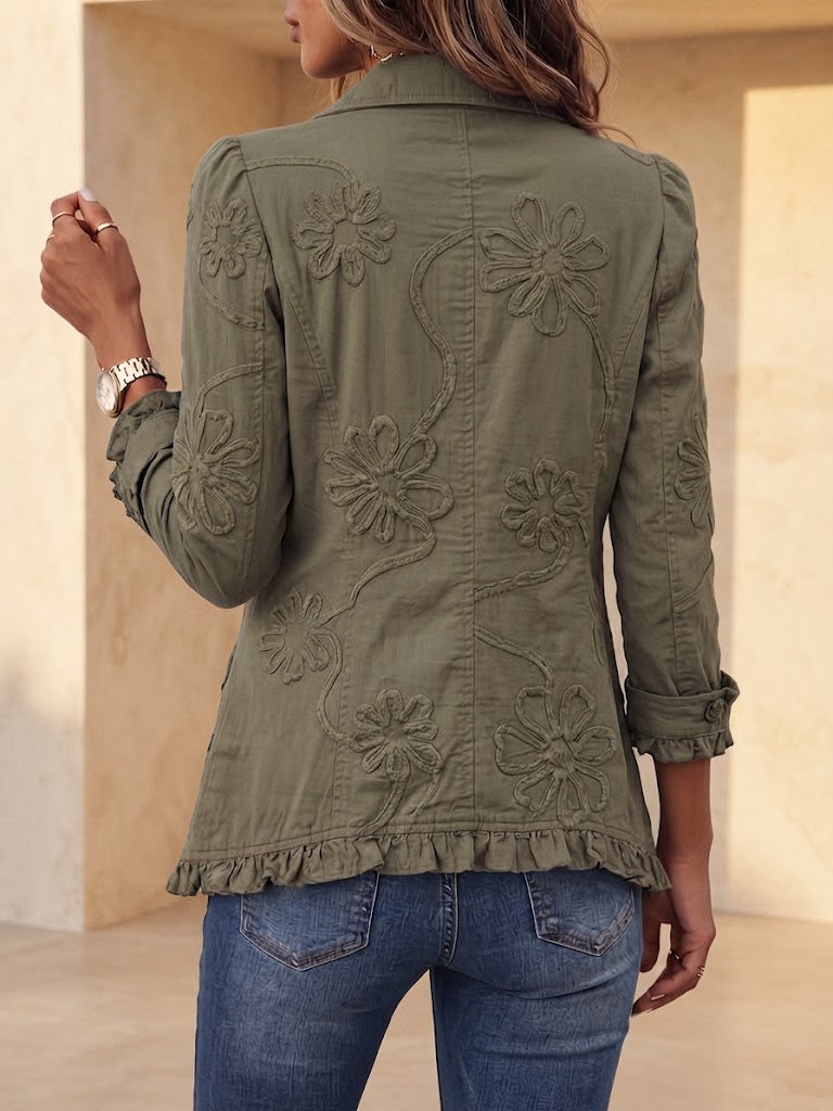 Chaqueta bordada mujer mezcla de lino con volantes