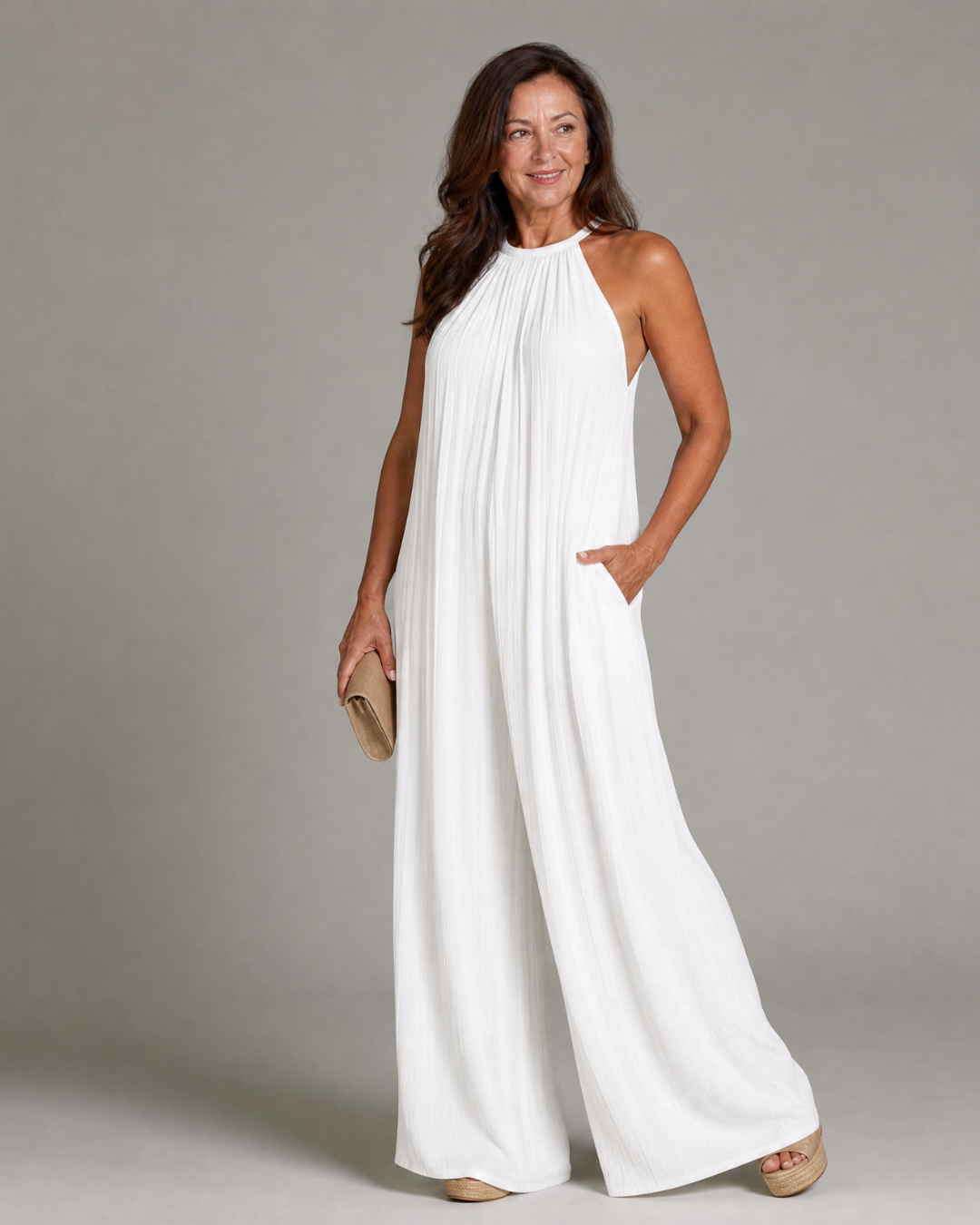 Florencia | Mono de Pierna Ancha con Cuello Halter Plisado