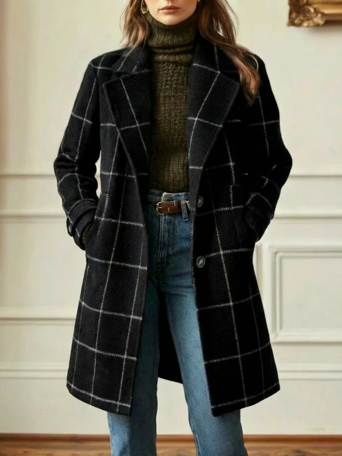 Abrigo clásico cuadros mujer dos botones invierno