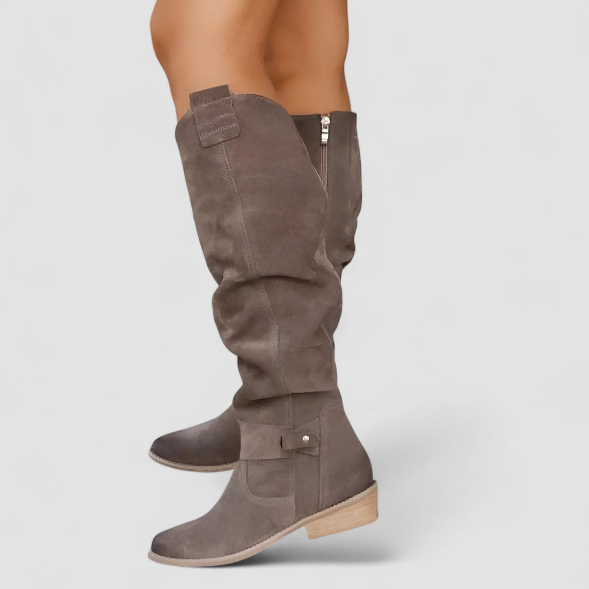 Botas altas mujer efecto ante con tacón bajo y cremallera