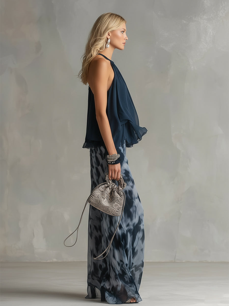 Ludovica | Conjunto Elegante de Gasa con Top de Cuello Alto y Pantalón Estampado de Pernera Ancha