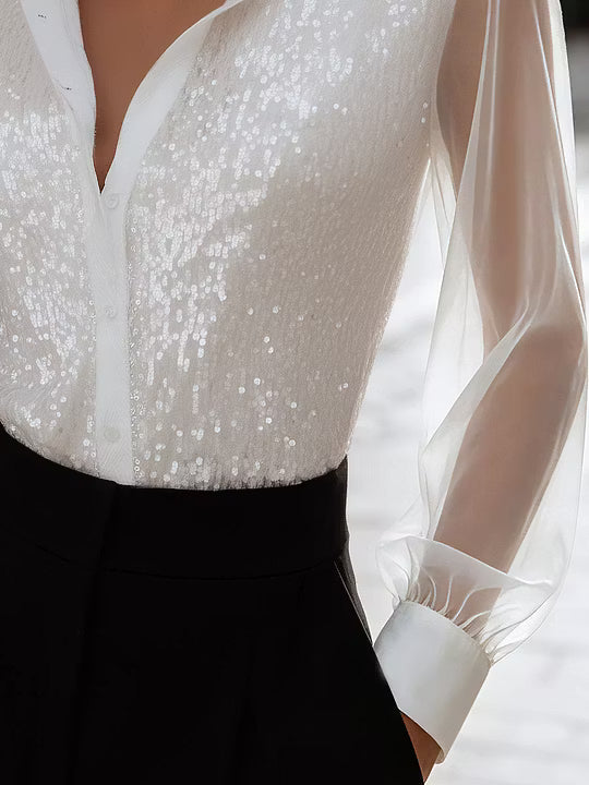Blusa con Lentejuelas, Mangas Transparentes y Botones Frontales
