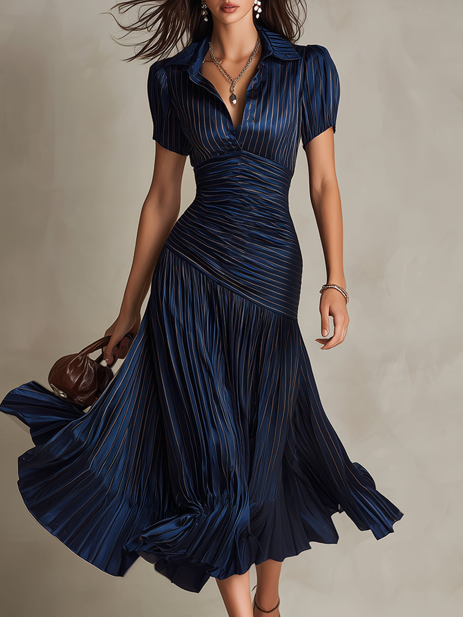 Adriana - Vestido Midi de Satén con Rayas Retro