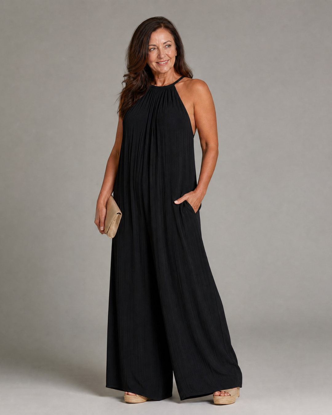 Florencia | Mono de Pierna Ancha con Cuello Halter Plisado