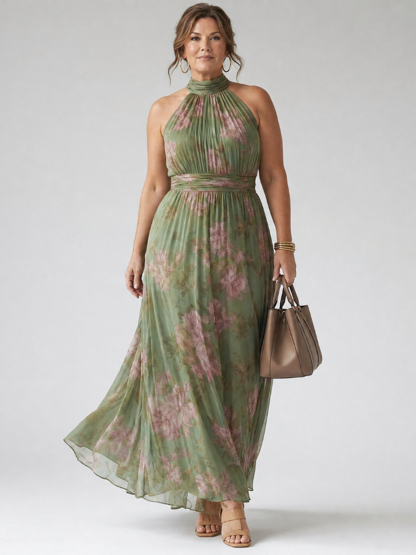Livia | Vestido Maxi Halter Floral Elegante