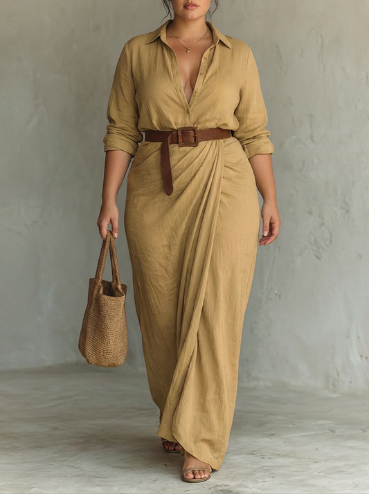 Vestido largo mujer cuello solapa manga larga cinturón