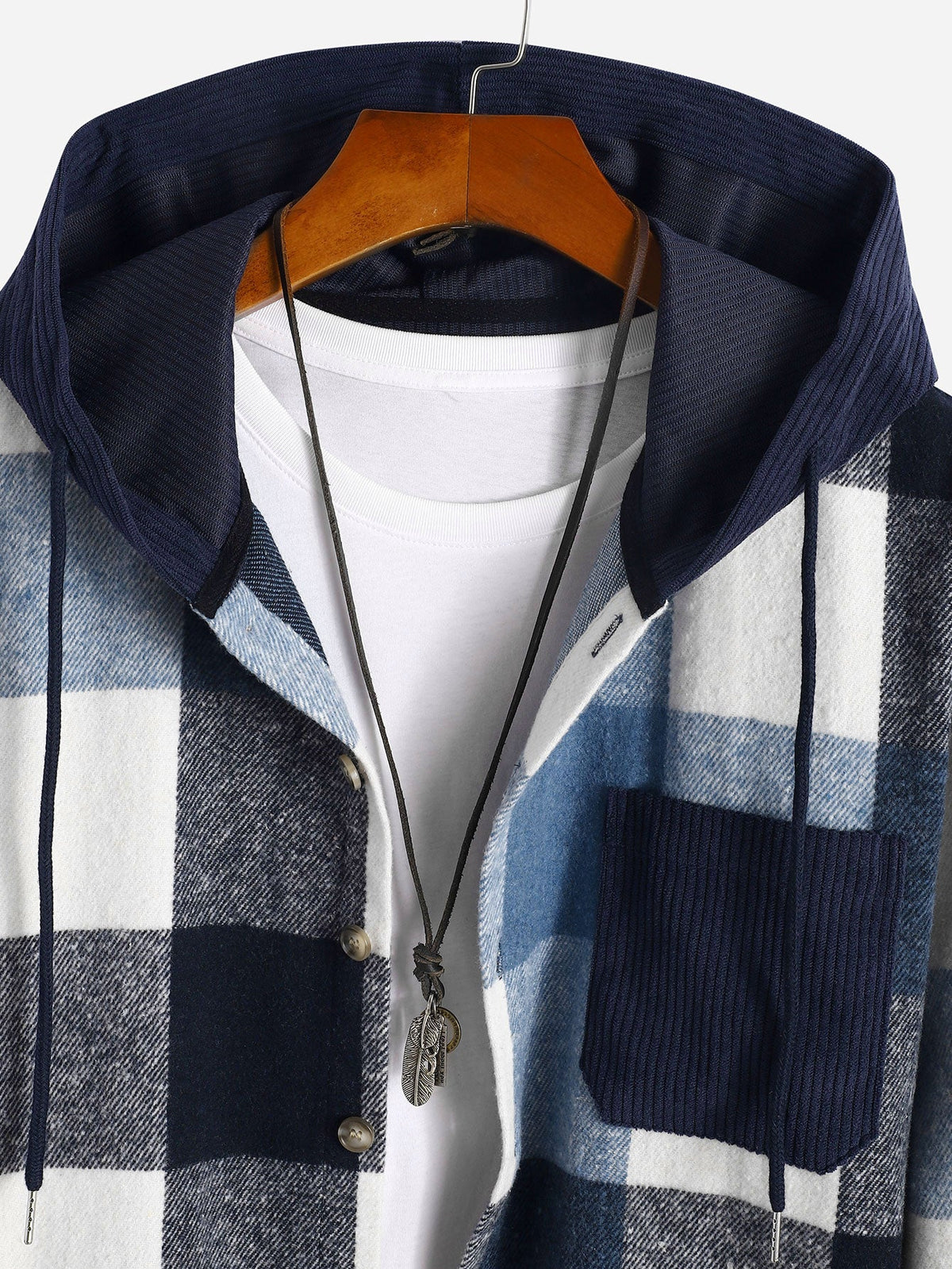 Camisa con Capucha de Ajuste Relajado de Franela a Cuadros y Parches de Pana