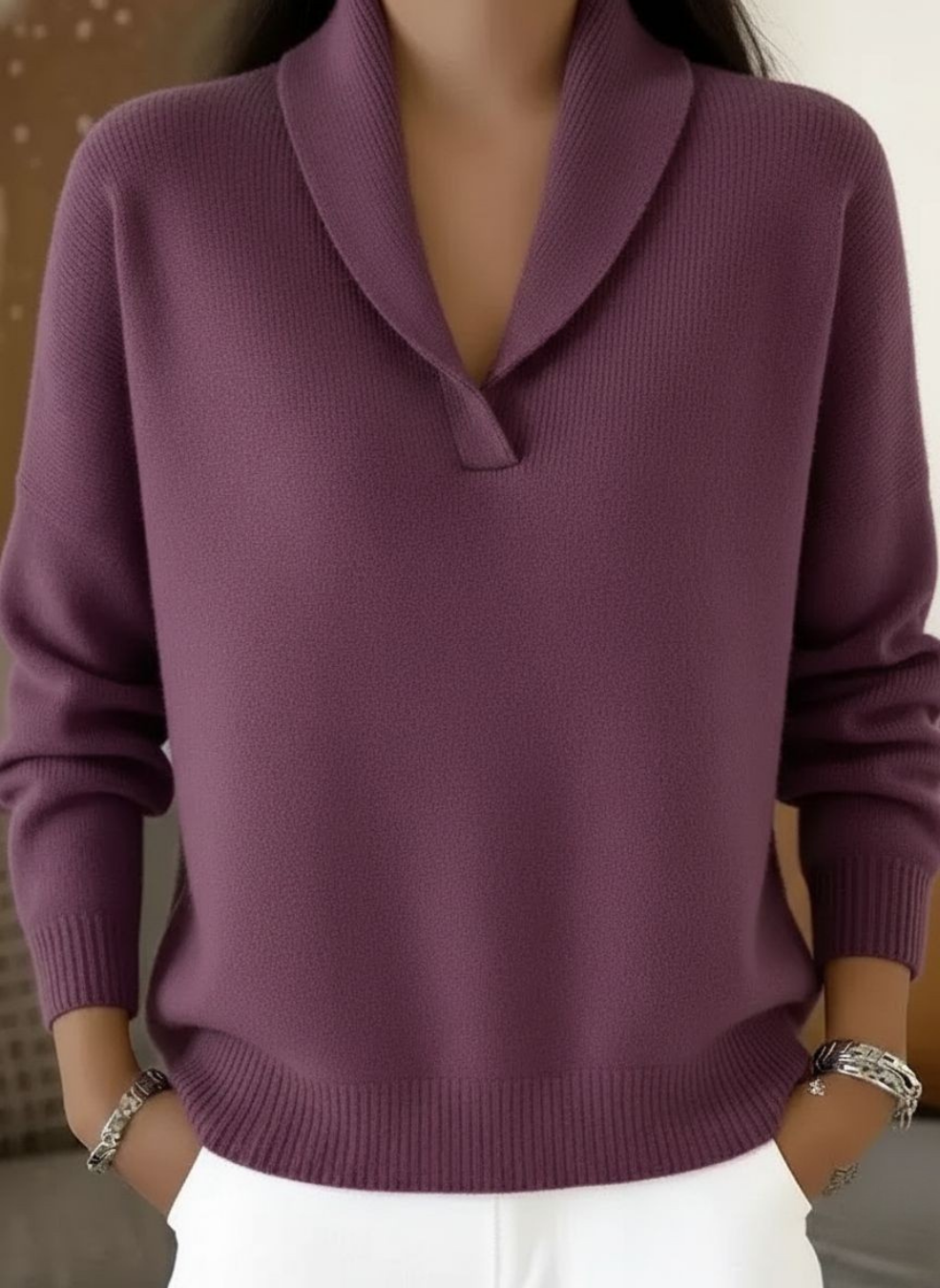 Jersey cuello pico mujer de punto suave y ligero