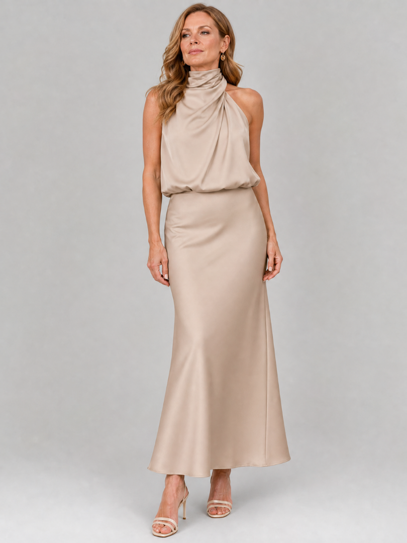 Nopal | Vestido Midi sin Mangas con Cuello Drapado