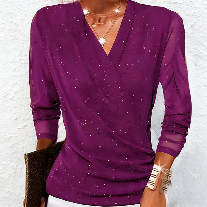 Top de fiesta mujer brillo escote drapeado manga larga