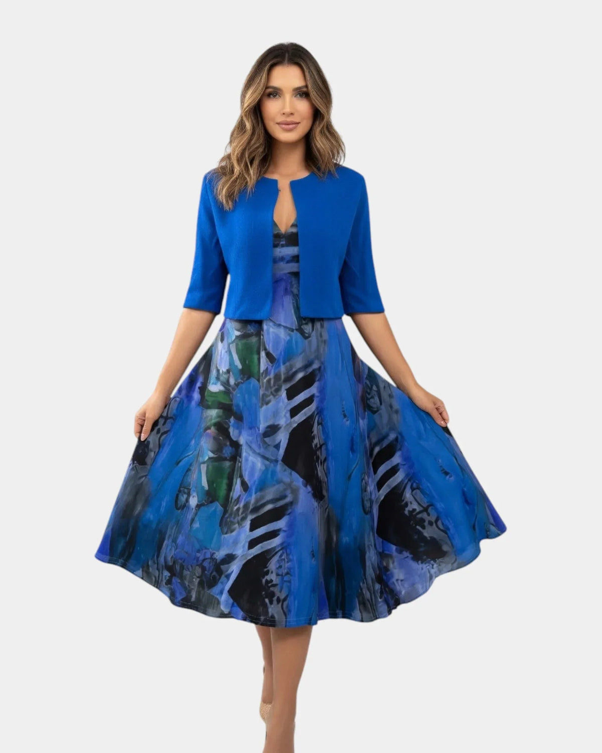 Stacy | Vestido Midi Fluido Estampado con Chaqueta a Juego