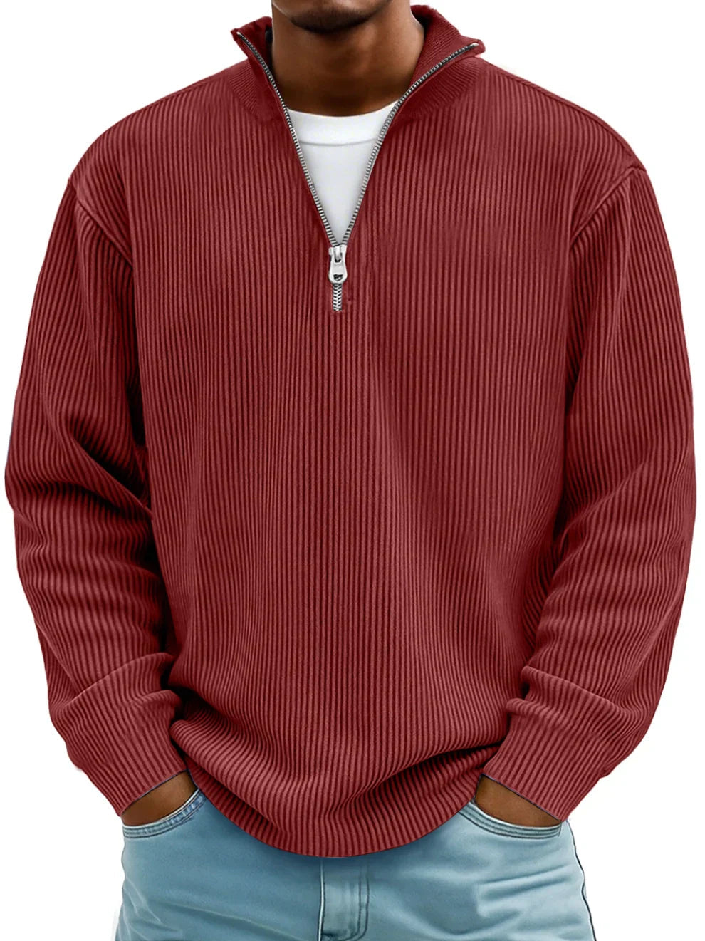 Jersey hombre canalé con cuello alto y cremallera