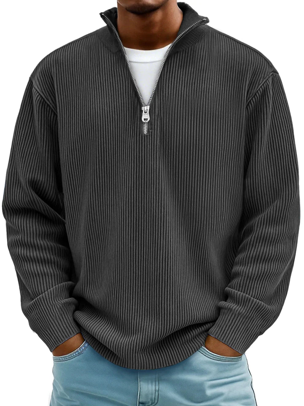 Jersey hombre canalé con cuello alto y cremallera