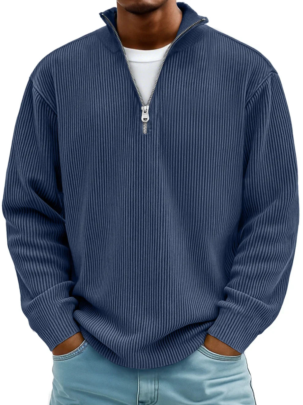 Jersey hombre canalé con cuello alto y cremallera