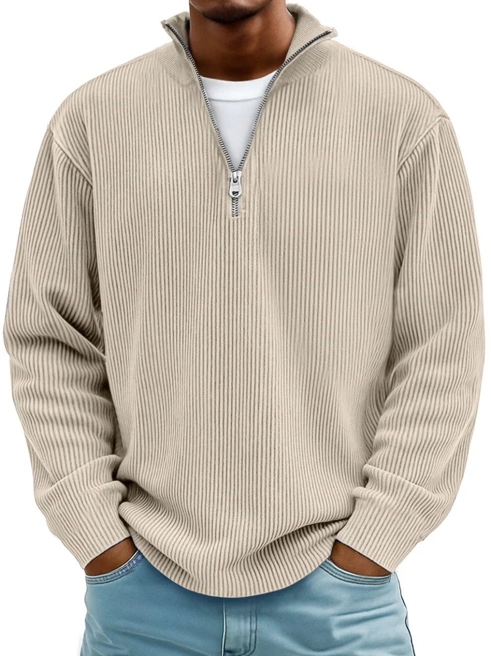 Jersey hombre canalé con cuello alto y cremallera