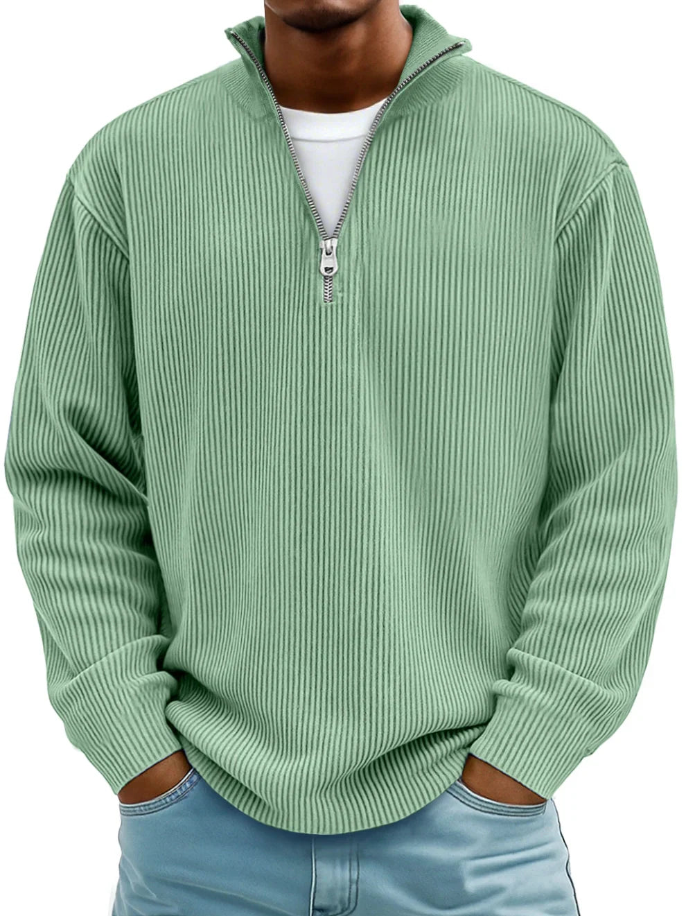 Jersey hombre canalé con cuello alto y cremallera