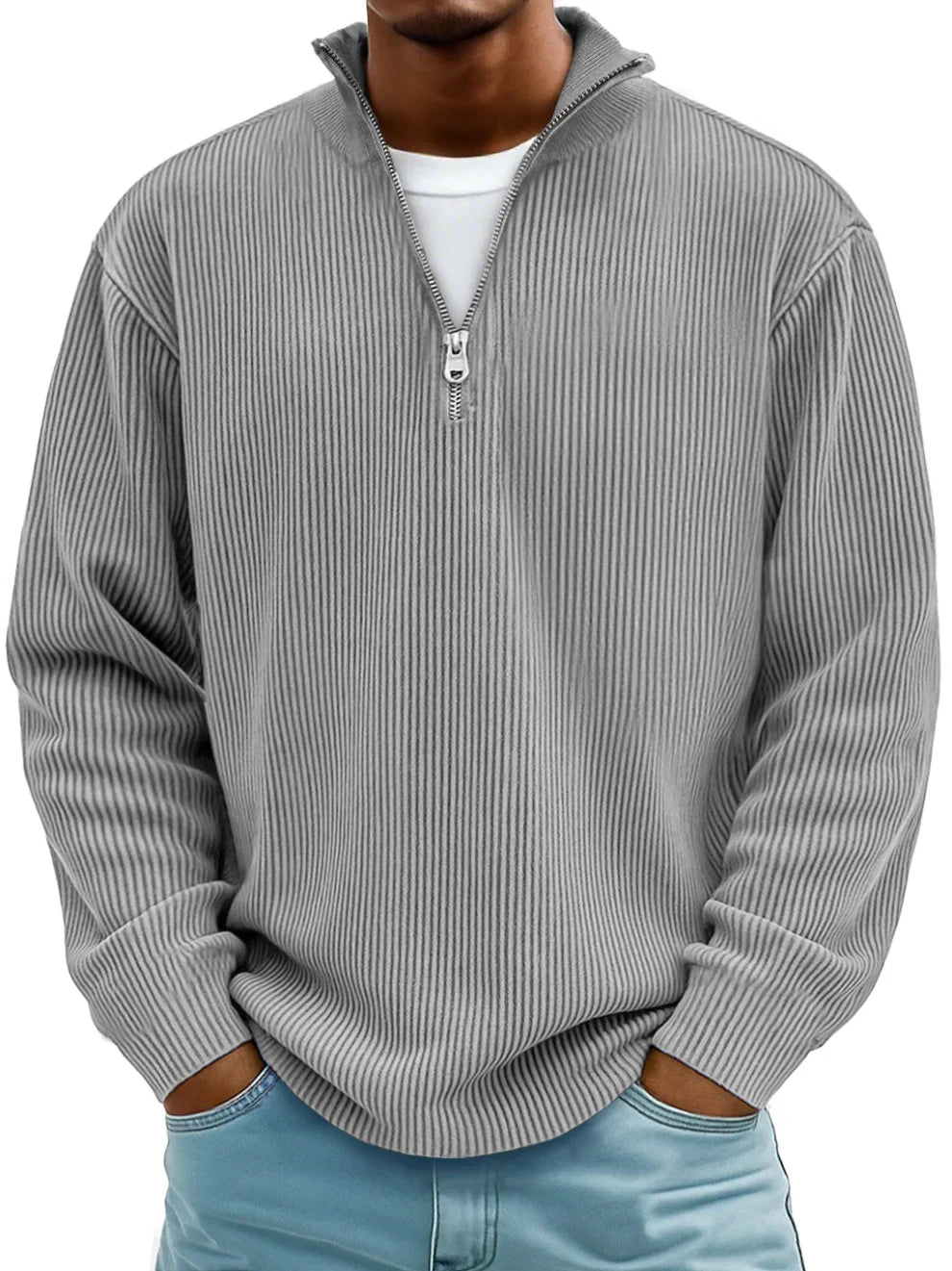 Jersey hombre canalé con cuello alto y cremallera