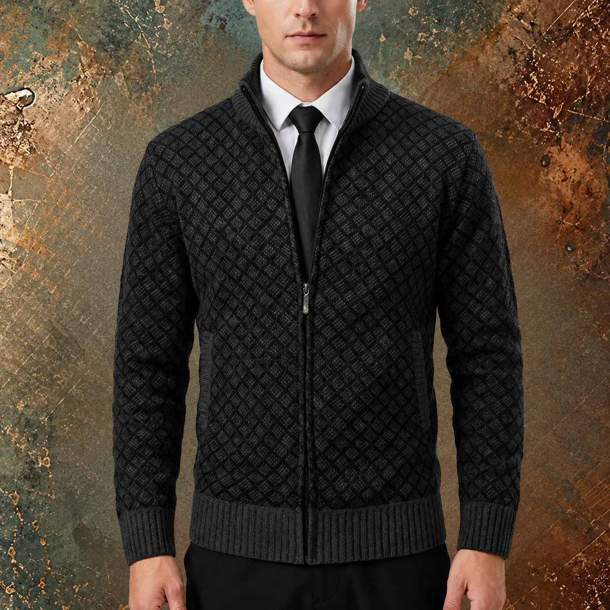 Cárdigan hombre punto con cremallera y cuello alto