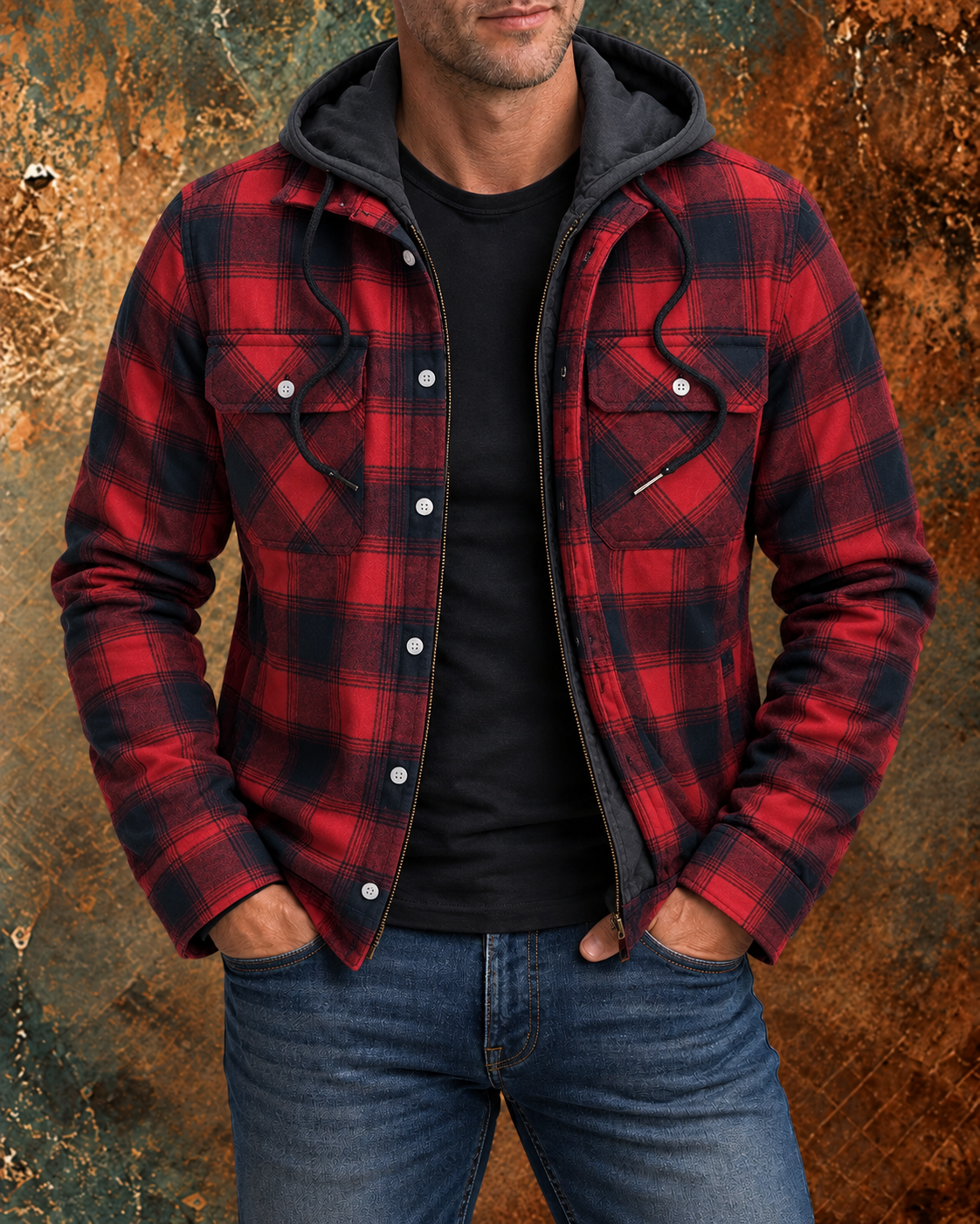 Chaqueta hombre cuadros con cremallera cálida invierno