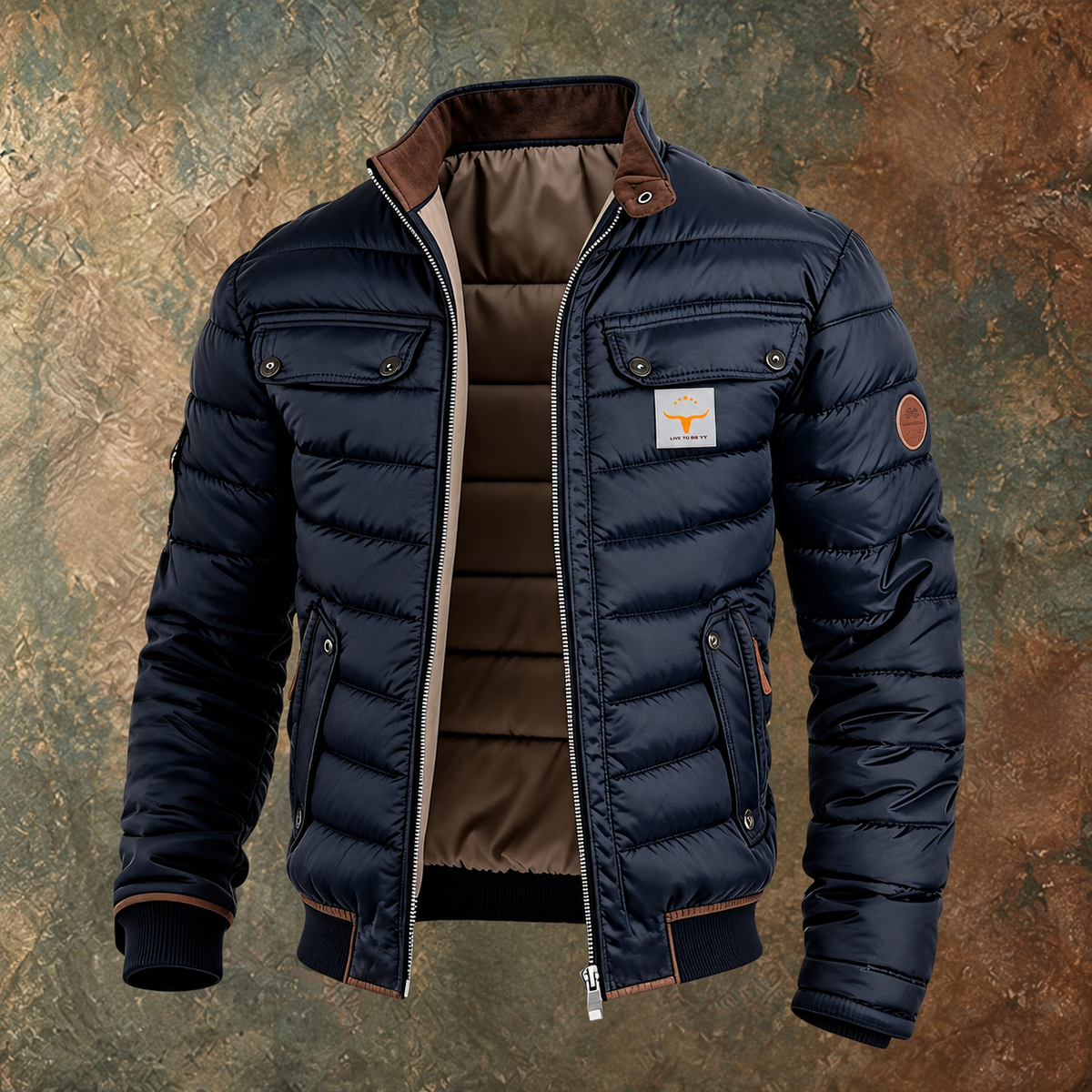 Chaqueta acolchada hombre retro con detalles efecto piel