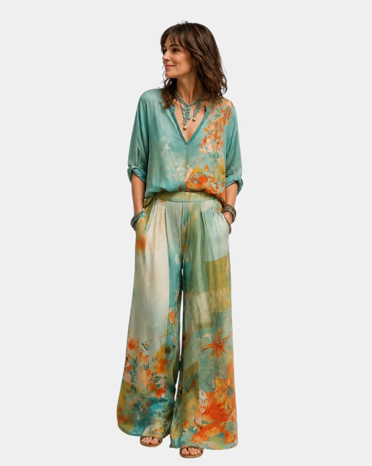 Célidora | Conjunto Elegante con Estampado Floral y Pantalón Ancho