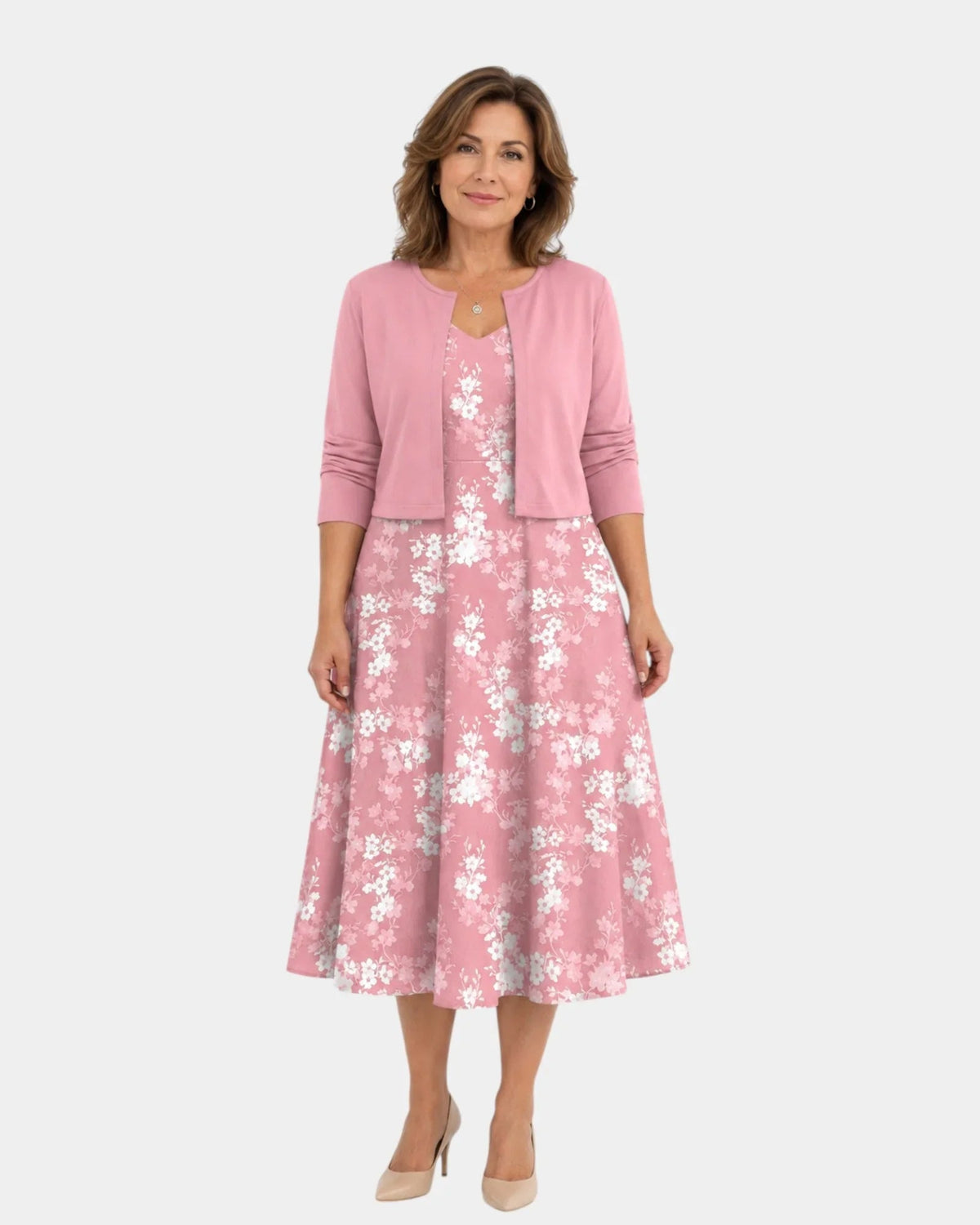 Guilaine | Conjunto de Vestido Floral y Cárdigan Ligero