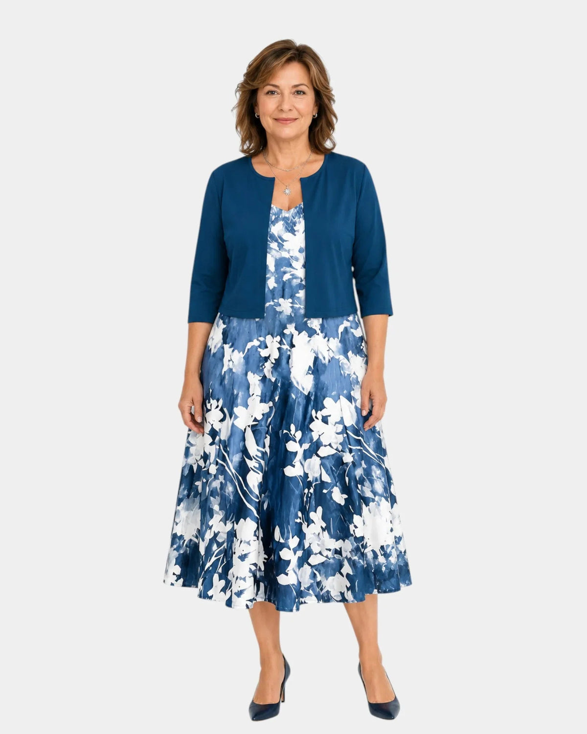 Guilaine | Conjunto de Vestido Floral y Cárdigan Ligero