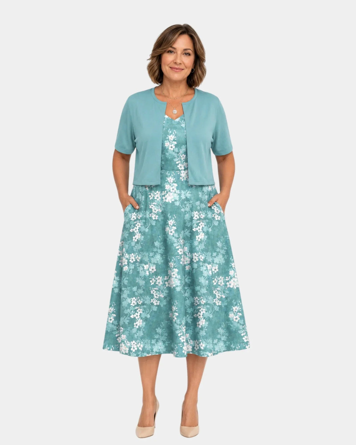 Guilaine | Conjunto de Vestido Floral y Cárdigan Ligero