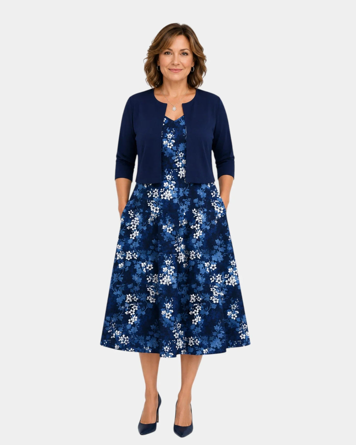 Guilaine | Conjunto de Vestido Floral y Cárdigan Ligero