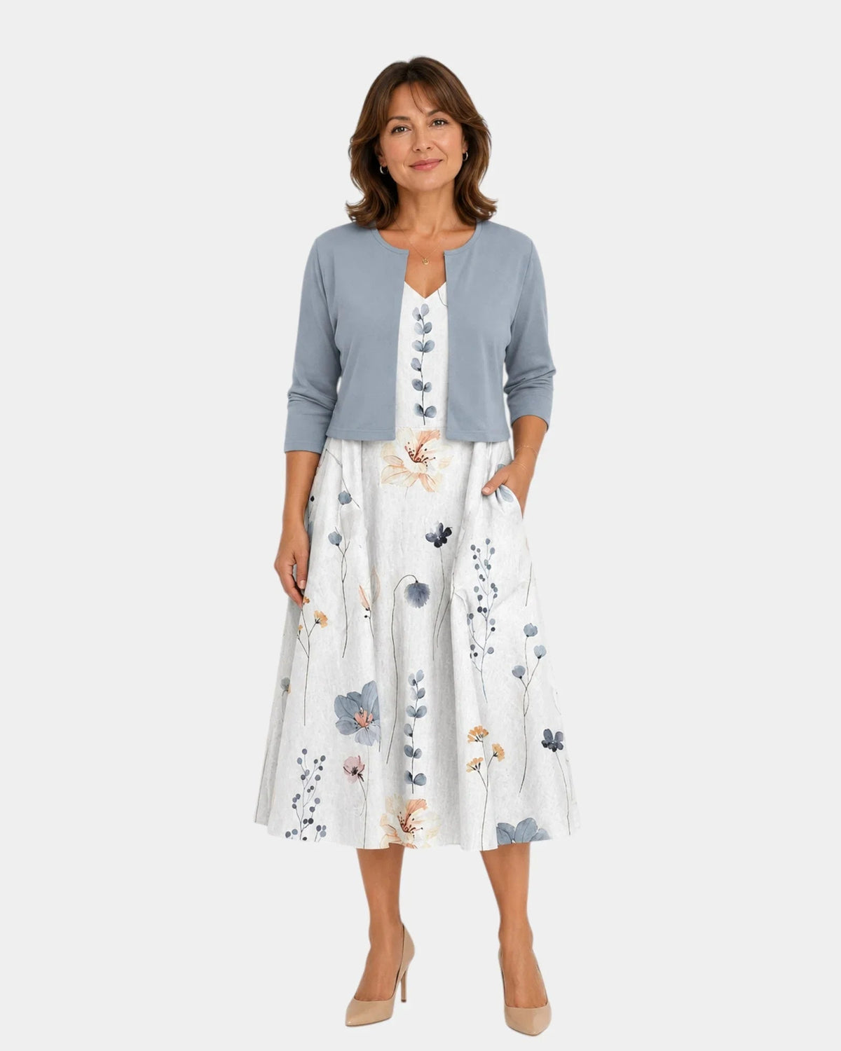 Guilaine | Conjunto de Vestido Floral y Cárdigan Ligero