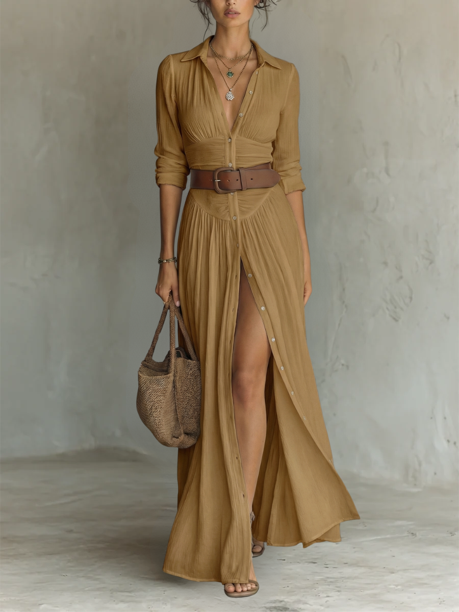 Alma | Vestido Maxi Fluido con Cuello Solapa y Mangas Largas