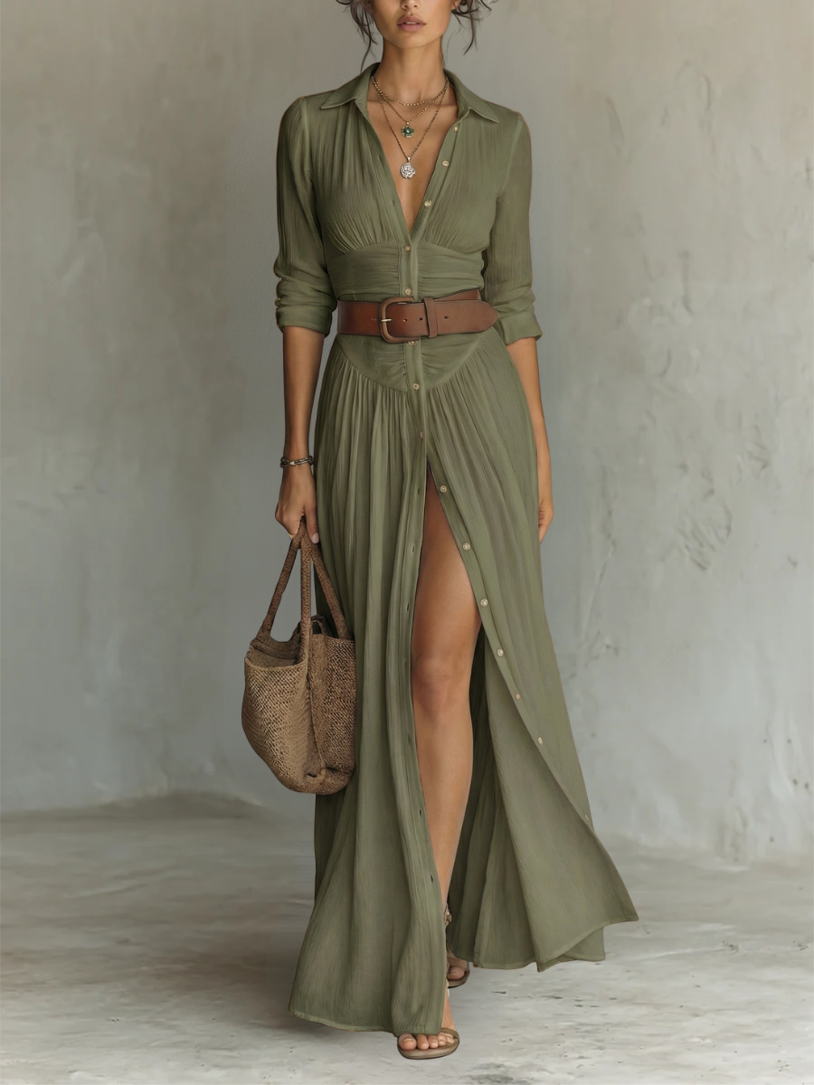Vestido Maxi Largo con Cuello Solapa y Mangas Largas para Mujer