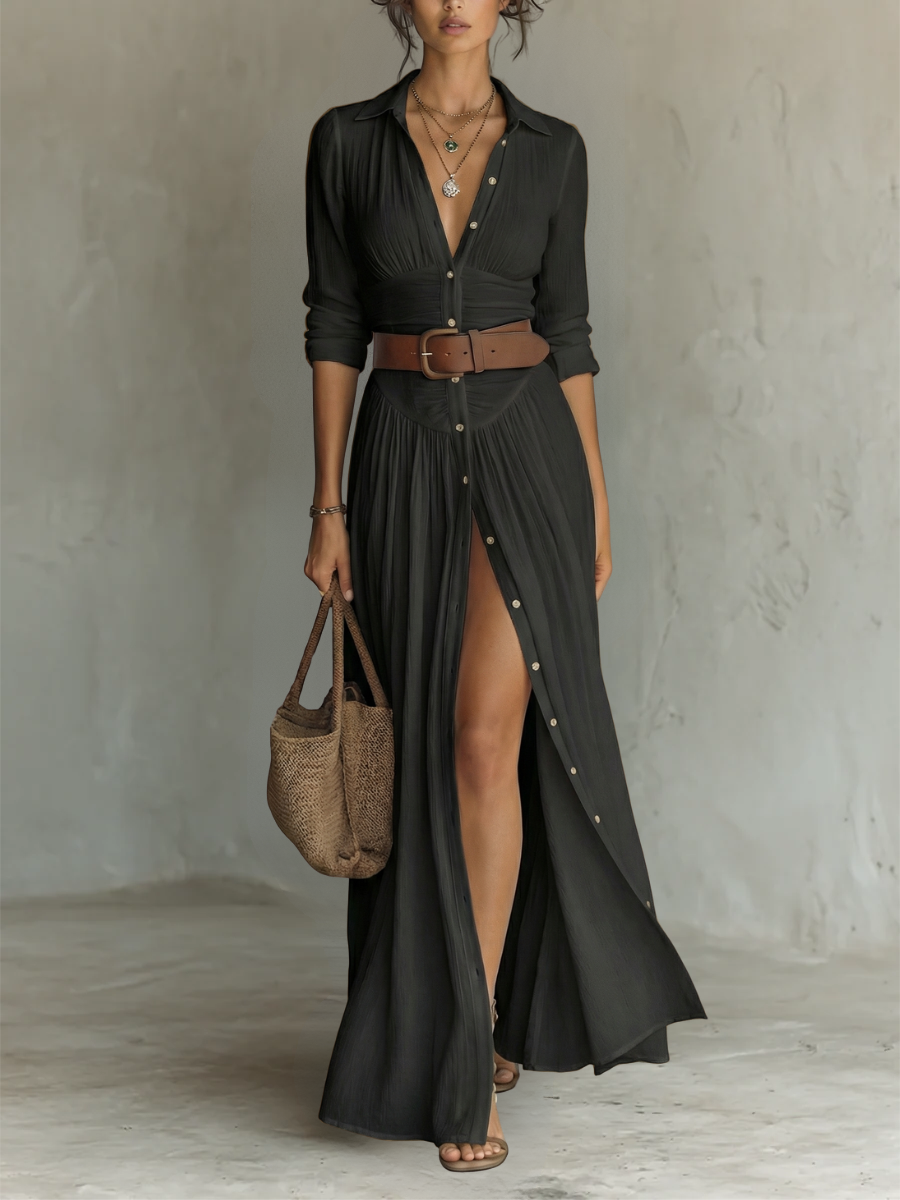 Vestido Maxi Largo con Cuello Solapa y Mangas Largas para Mujer