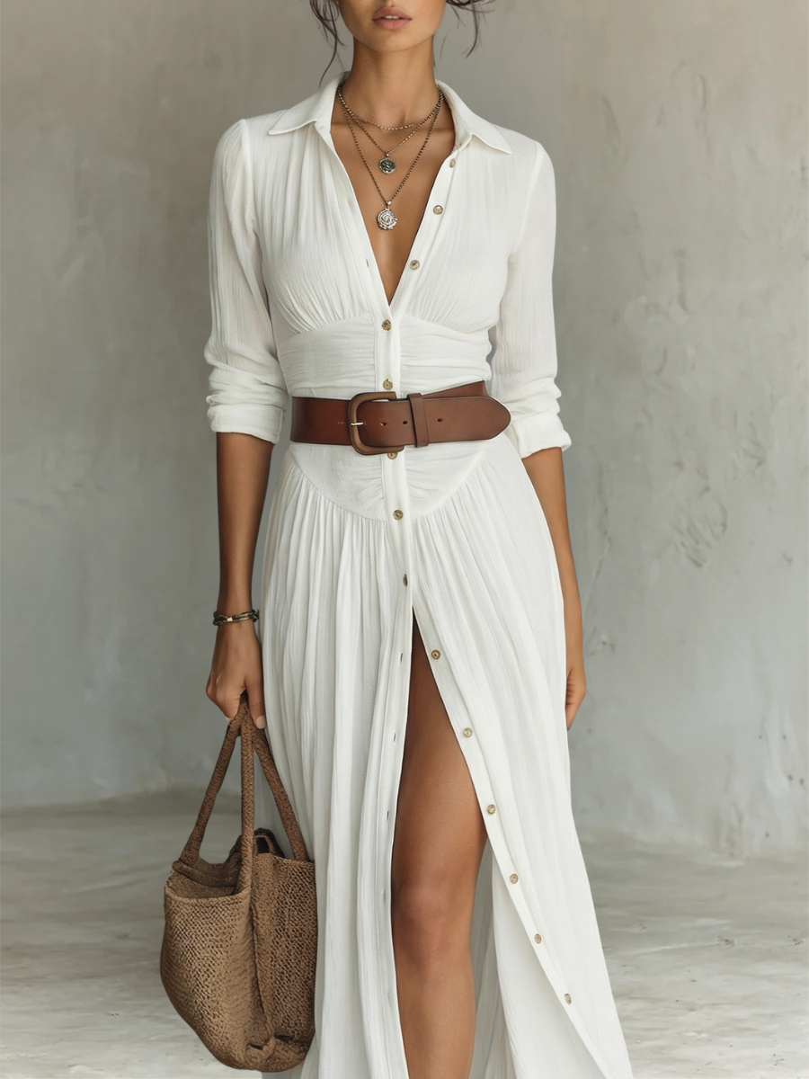 Vestido Maxi Largo con Cuello Solapa y Mangas Largas para Mujer