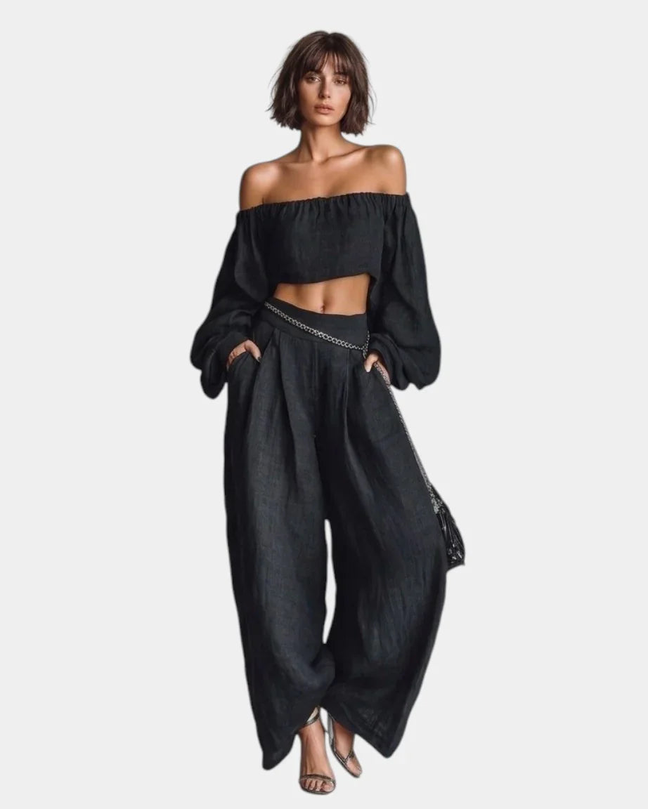 Cíntia | Conjunto de Hombros Descubiertos con Pantalón Amplio