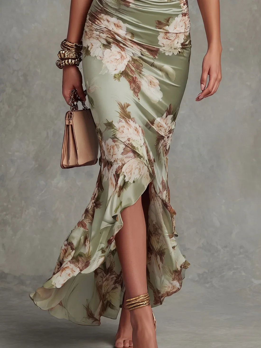 Vestido Maxi de Satén Floral Fruncido con Bajo de Volantes
